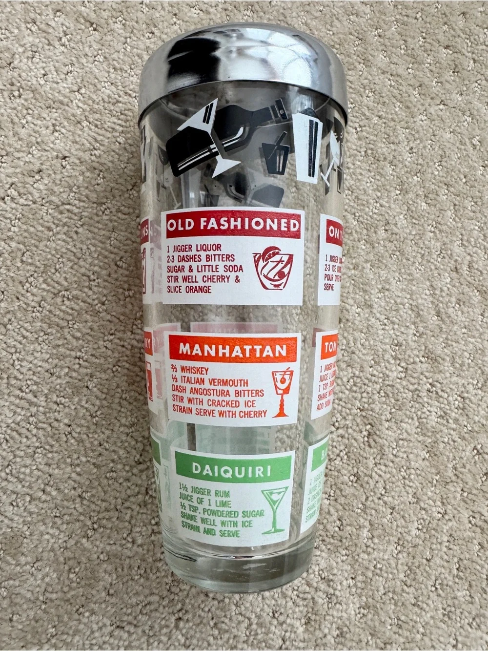 Vintage Glass Cocktail Shaker with Recipes Mid Century Modern Barware Chrome Lid